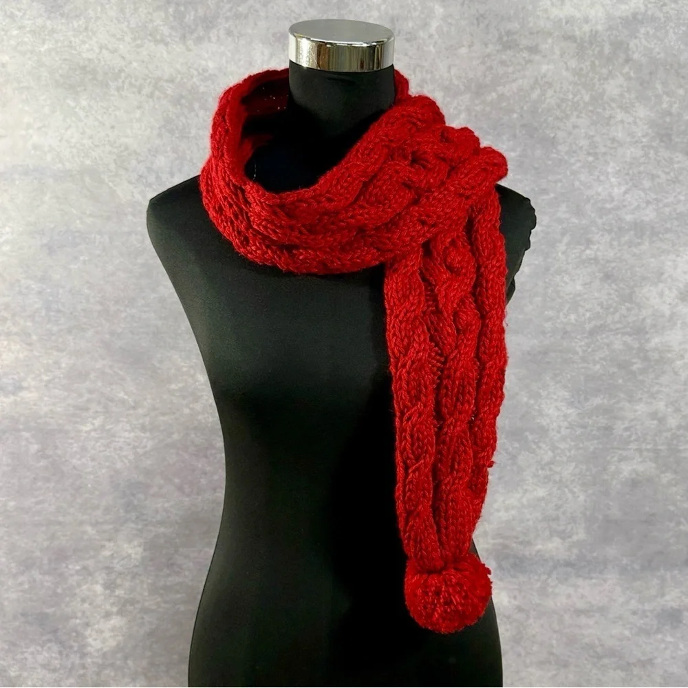 NWOT Red Cable Knit Pom Pom Scarf